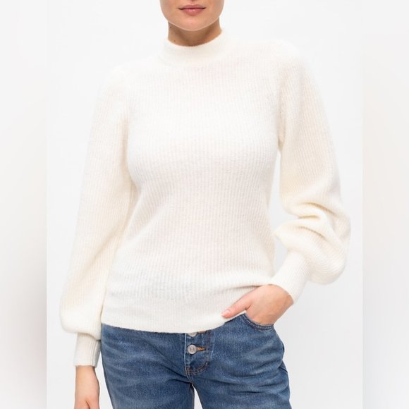 Ganni Alpaca Wool Sweater Mock Neck Balloon Puff Sleeve Yellow Cream XS - Picture 3 of 10